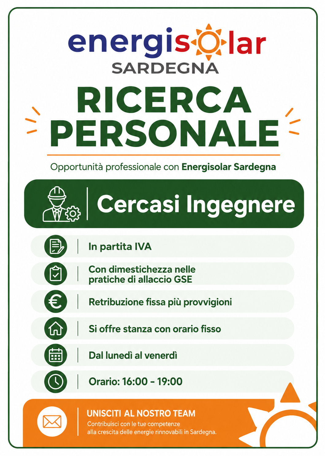 Locandina ricerca ingegnere in partita IVA per pratiche di allaccio GSE - Energisolar Sardegna