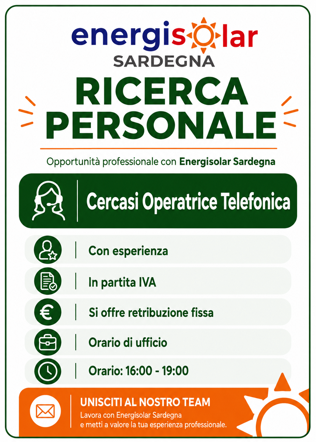 Locandina ricerca operatrice telefonica con esperienza - Energisolar Sardegna