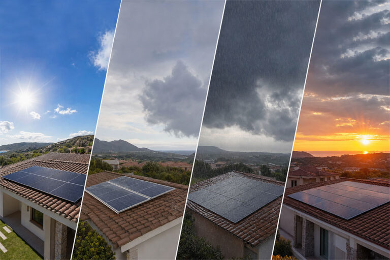 Impianto fotovoltaico su tetto sardo sotto diverse condizioni atmosferiche.