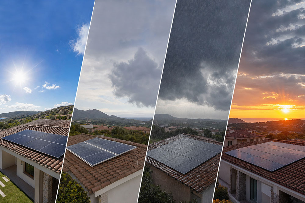 Impianto fotovoltaico su tetto sardo sotto diverse condizioni atmosferiche.