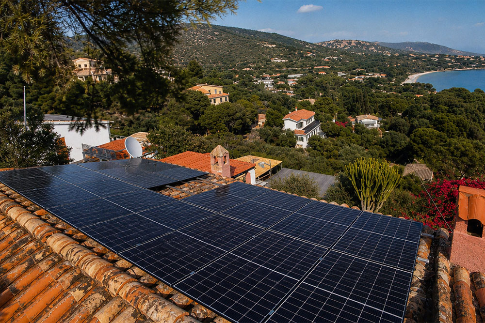 Pannelli solari installati su un tetto residenziale sotto il sole.
